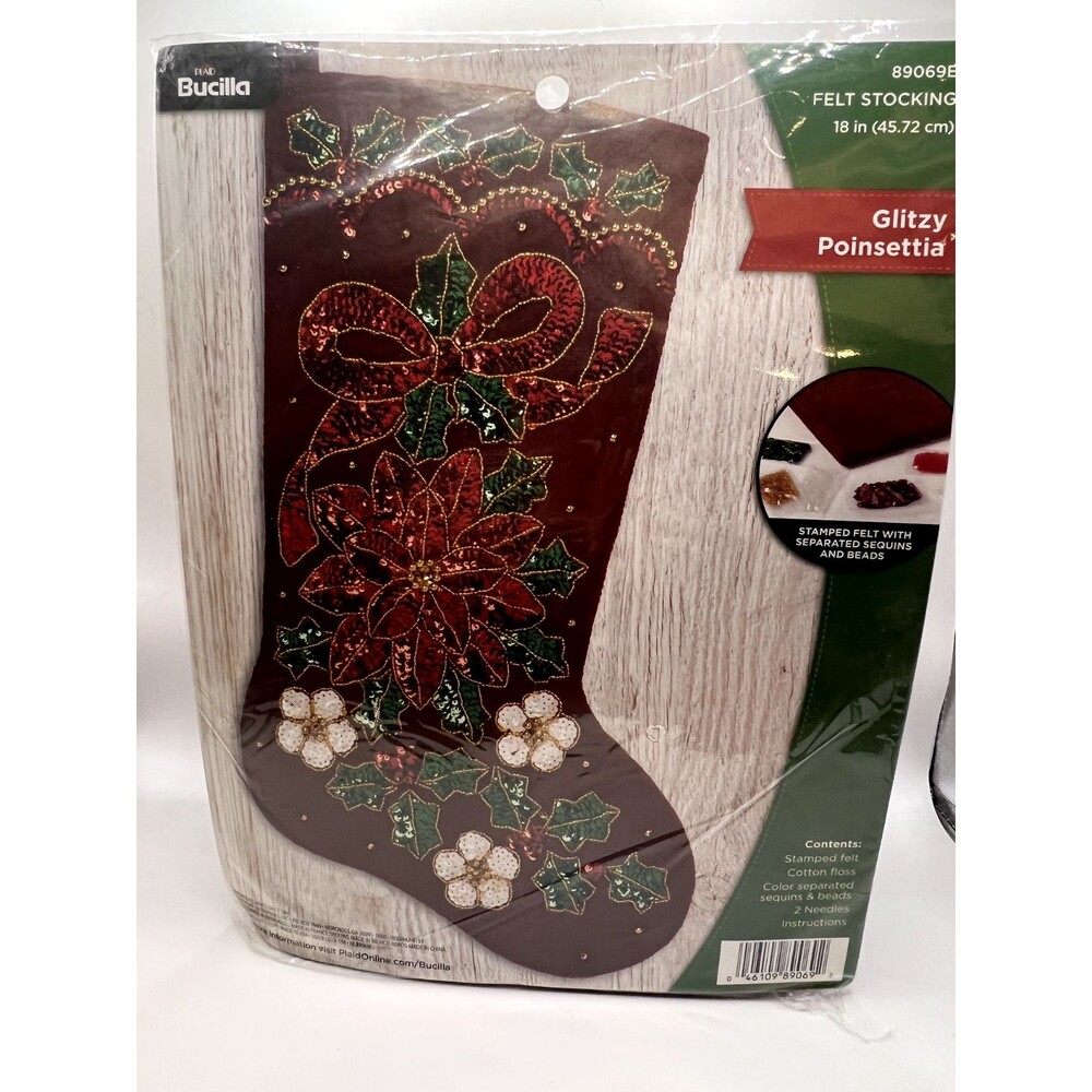 Bucilla Glitzy Poinsettia Stocking Kit, 18 inches, new
